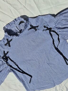 Zara Blue and White Striped Lace-Up Blouse